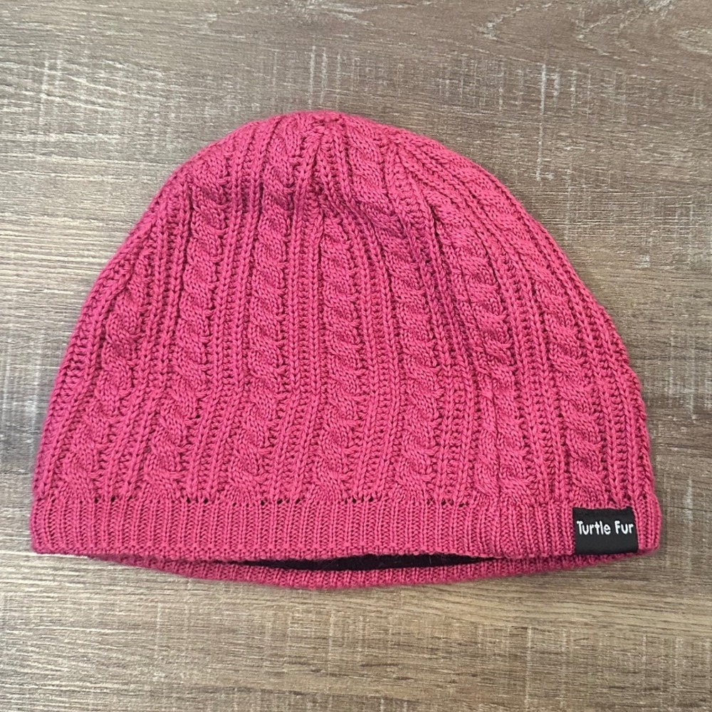 Turtle Fur Pink Merino Wool Cable Knit Fleece Lined Beanie Hat Made in Canada